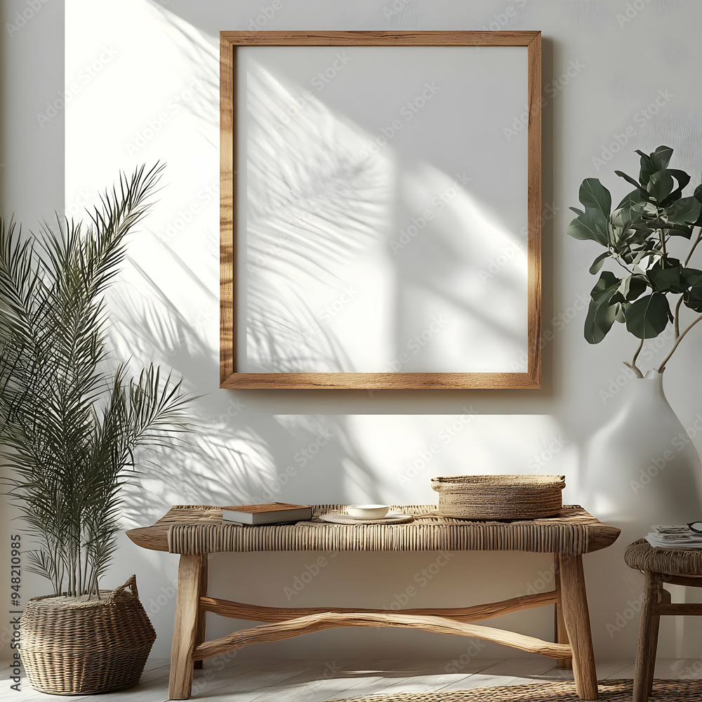A serene interior showcasing a wooden frame, minimalist decor, and natural light filtering through palm leaves. A serene interior showcasing a wooden frame, minimalist decor, and natural light filtering through palm leaves.