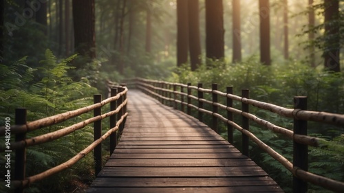 A wooden bridge that passes through the wilderness forest.