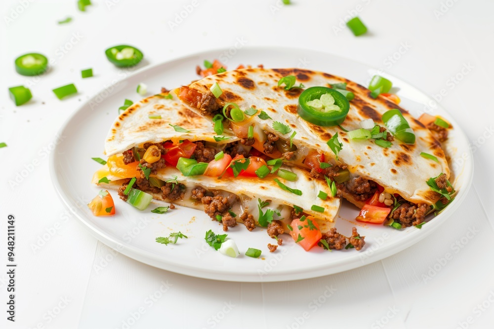 Deliciously prepared beef quesadillas served on a plate with fresh vegetables and herbs for a flavorful meal experience Deliciously prepared beef quesadillas served on a plate with fresh vegetables and herbs for a flavorful meal experience
