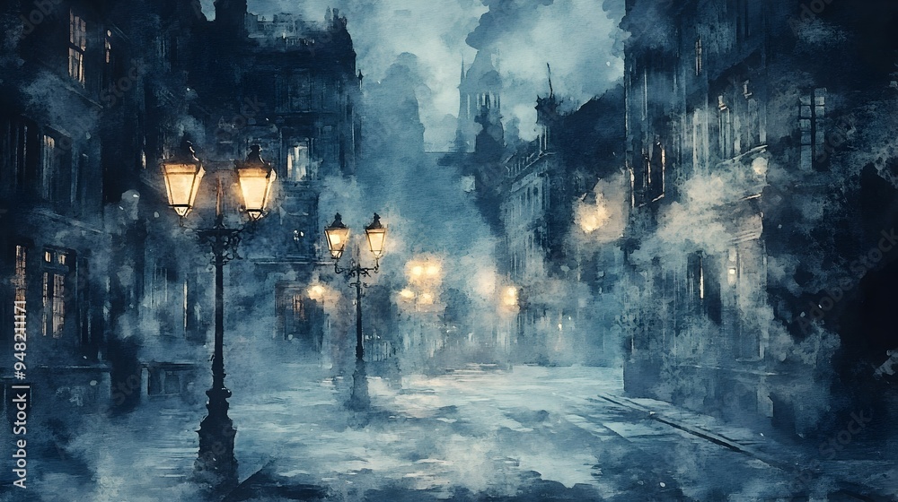 Moody Victorian Street Scene with Flickering Gas Lamps in Watercolor Style Moody Victorian Street Scene with Flickering Gas Lamps in Watercolor Style