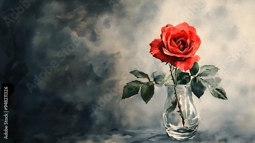 Fototapeta Naklejka Na Ścianę i Meble -  Moody Watercolor Red Rose in Glass Vase Still Life