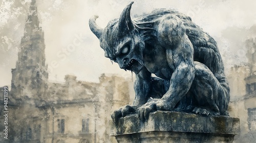 Mysterious Gargoyle Statue in Rain Soaked Cityscape with Watercolor Aesthetic