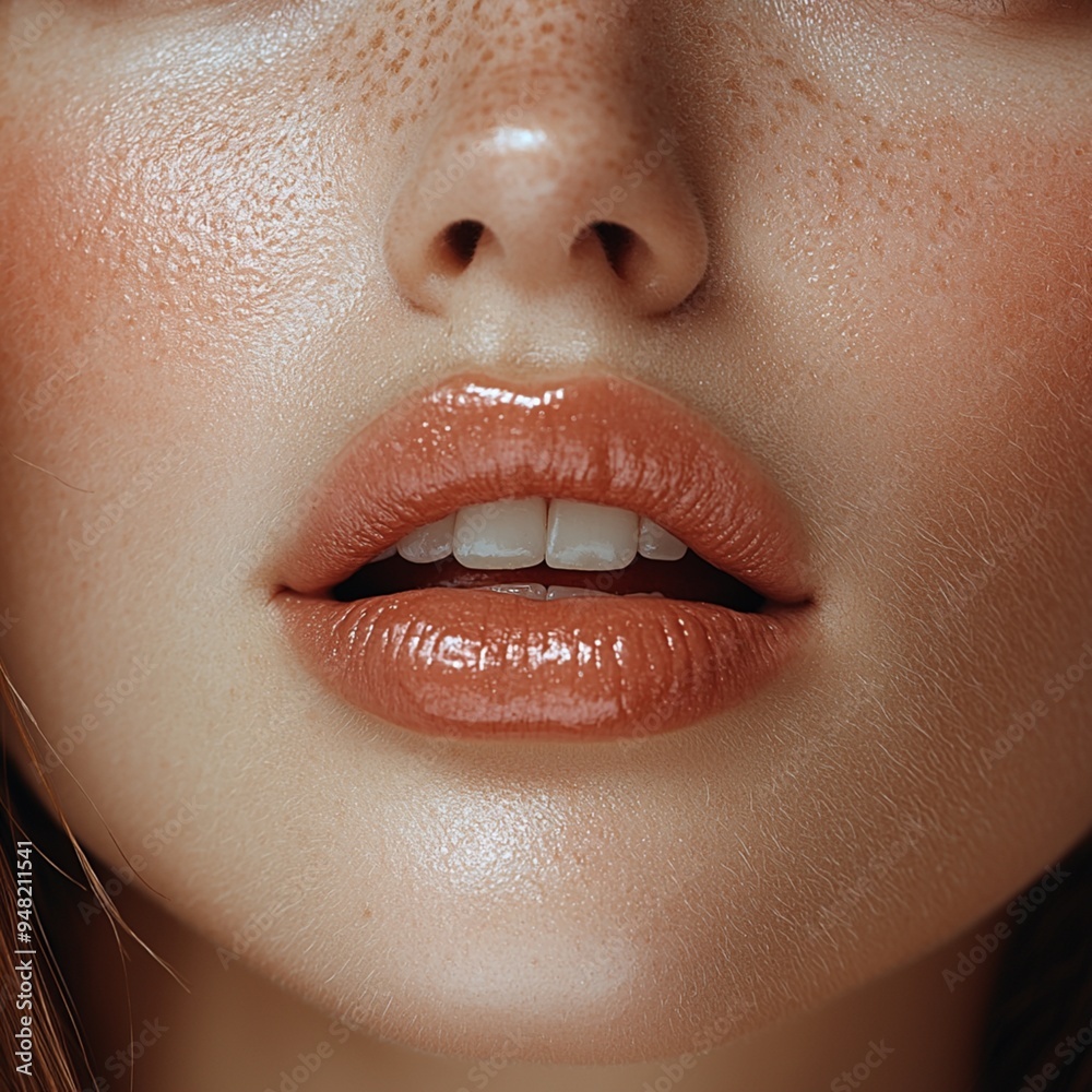 Obraz premium Close up view of beautiful woman glossy lips and smooth skin, macro shot of a beauty's bottom face