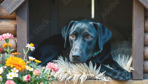 A happy dog is comfortably sitting in its pet house in the garden. House for pets