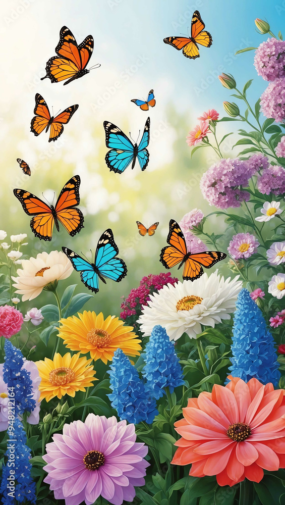 Fototapeta premium butterflies fluttering around blooming garden flowers background art design backdrop