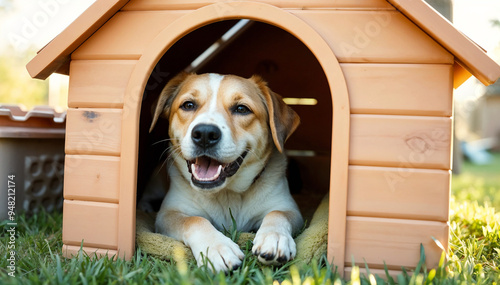 Dog lounging inside a small pet house placed in the garden area. House for pets