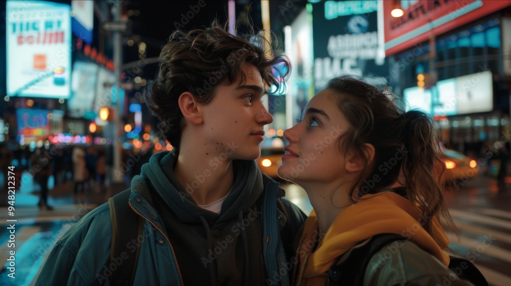 A couple stands in the middle of a lively, neon-lit city street at night, surrounded by glowing billboards and passing yellow taxis, capturing a moment of embrace. A couple stands in the middle of a lively, neon-lit city street at night, surrounded by glowing billboards and passing yellow taxis, capturing a moment of embrace.