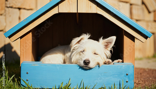 Cute dog inside a pet house situated in a sunny garden setting. House for pets
