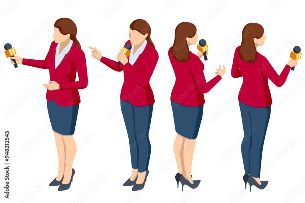 Fototapeta premium Isometric journalist, serving as a reporter, anchor, and announcer, held the microphone while delivering the news on TV.