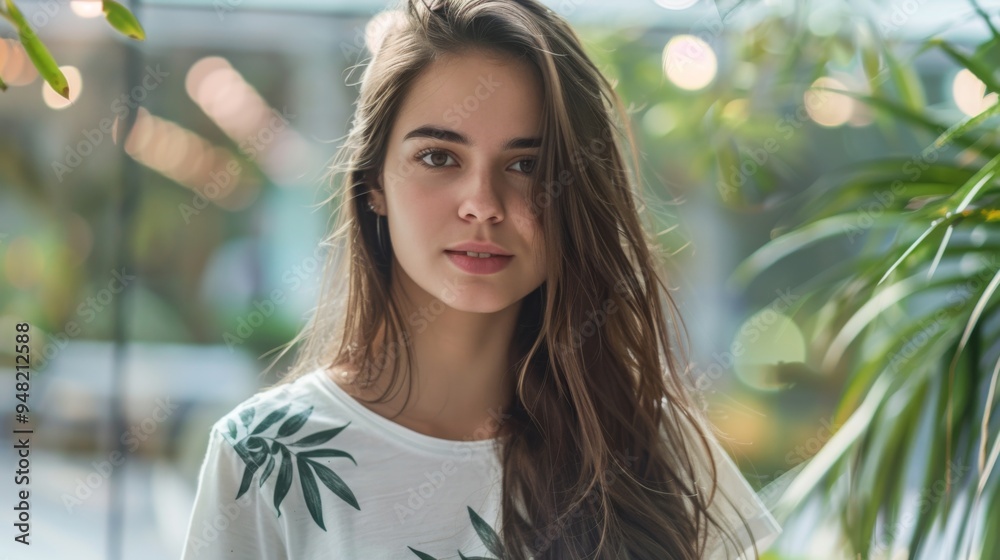 Fototapeta premium This image features a young woman with flowing long hair standing amidst a vibrant green environment, capturing a serene and natural moment with soft lighting and gentle ambiance.