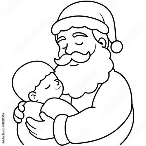 Santa's Tender Embrace A Christmas Eve Vector line Art