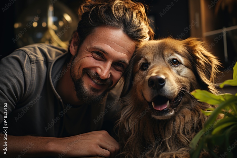 Joyful young couple caressing cute dog at home, generative IA Joyful young couple caressing cute dog at home, generative IA