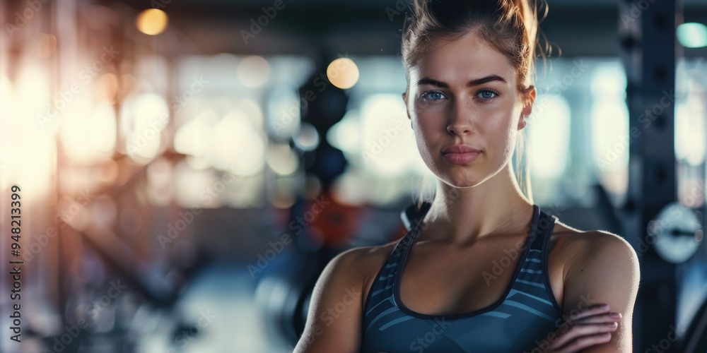Fototapeta premium Confident and determined woman with arms crossed at the gym, exuding fitness and readiness to maintain her health and shape