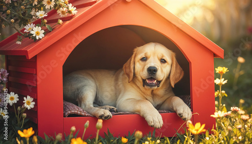 Dog lying inside a doghouse at sunset, basking in the warm, golden glow of the evening light.