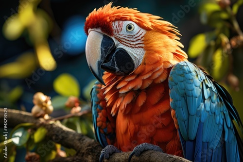 Vibrant macaw perched on branches and beak in focus generated by IA, generative IA photo