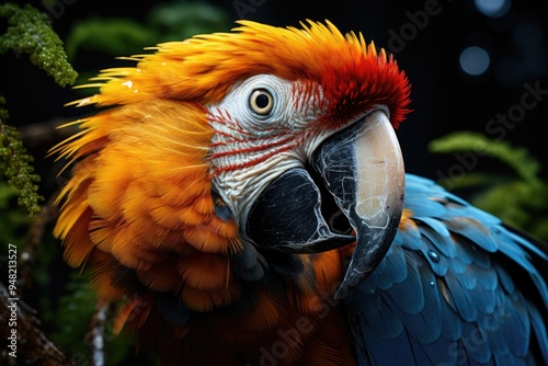 Vibrant macaw perched on branches and beak in focus generated by IA, generative IA photo