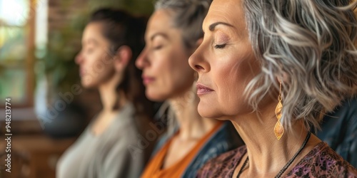 Women practicing yoga, meditation, and prayer together at home for spiritual wellness, focusing on relaxation, mindfulness, and energy balance