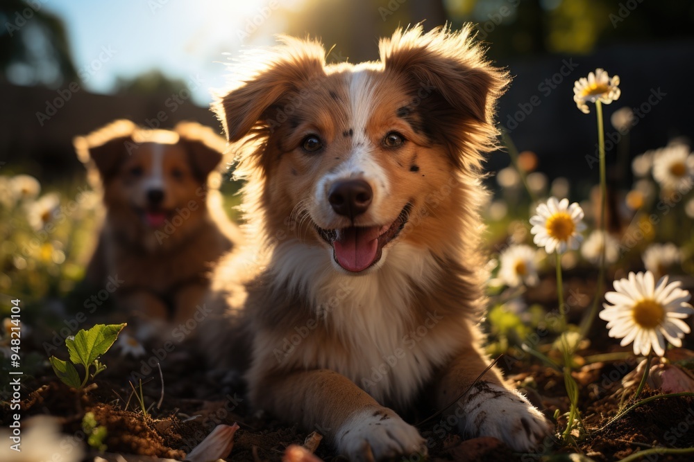 Cute dogs play outdoors looking at the camera generated by, generative IA Cute dogs play outdoors looking at the camera generated by, generative IA