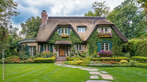 Charming Cottage with Thatched Roof and Lush Greenery