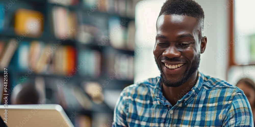 Joyful professional using a tablet for digital communication and research in an office, focusing on planning, online browsing, and networking Joyful professional using a tablet for digital communication and research in an office, focusing on planning, online browsing, and networking