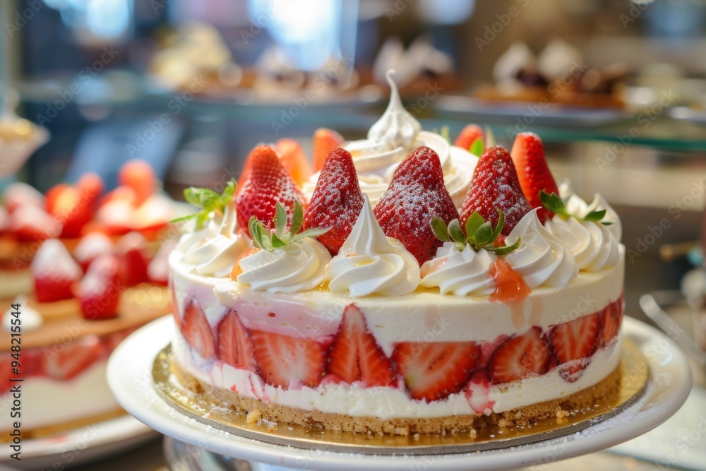 This image showcases a delicious strawberry cake with fresh strawberries layered inside and beautifully decorated with whipped cream swirls and powdered sugar on top. This image showcases a delicious strawberry cake with fresh strawberries layered inside and beautifully decorated with whipped cream swirls and powdered sugar on top.