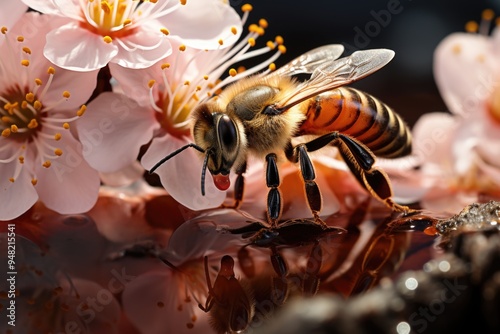 Close of a bee eating white flower pollen in the field, generative IA photo