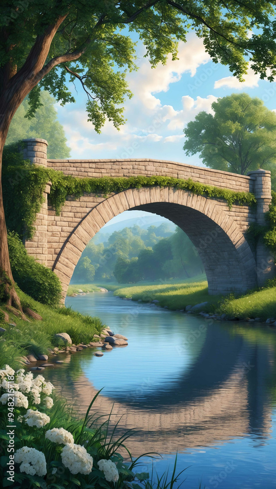 Fototapeta premium stone bridge arching over a peaceful river background art design backdrop