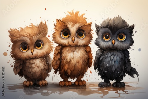 Beautiful baby owl set painted in watercolor on a isolated white background, generative IA