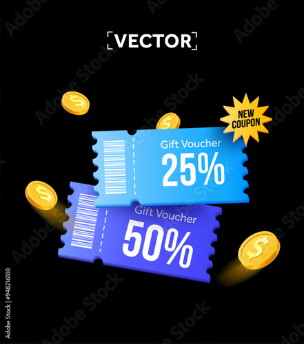 3d premium coupons with coupon code, barcode, golden coins, isolated on dark background. Black Friday gift voucher popup banner template. 3d vector illustration. Vector illustration