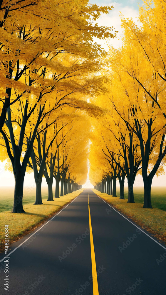 Naklejka premium yellow autumn trees lining a calm country road background art design backdrop
