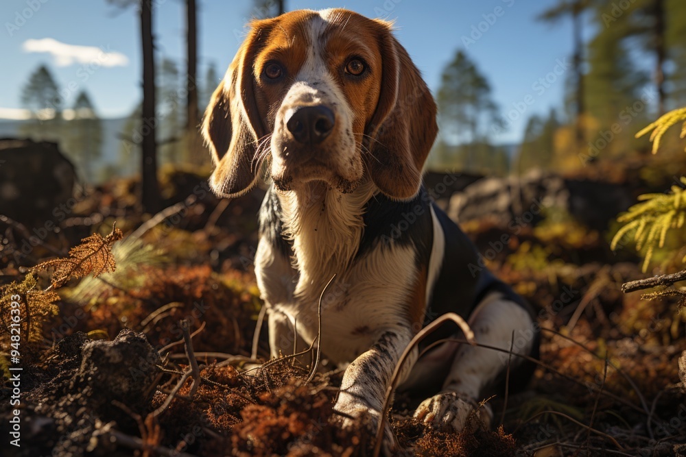 White basset dog and lonely cute brown in the forest during the day, generative IA White basset dog and lonely cute brown in the forest during the day, generative IA