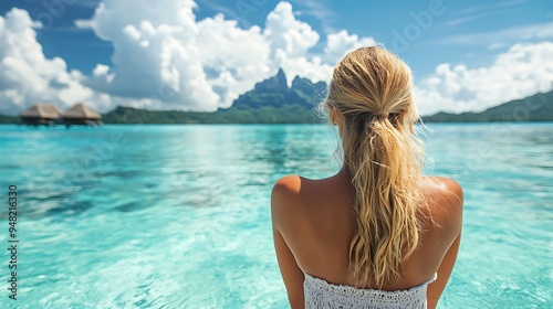 A serene moment of relaxation on a tropical beach, with sparkling blue water and mountains in the distance.