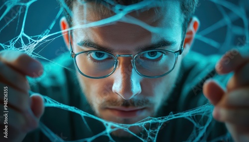 Man caught in a spider web of financial scams, depicting deceitful financial traps photo