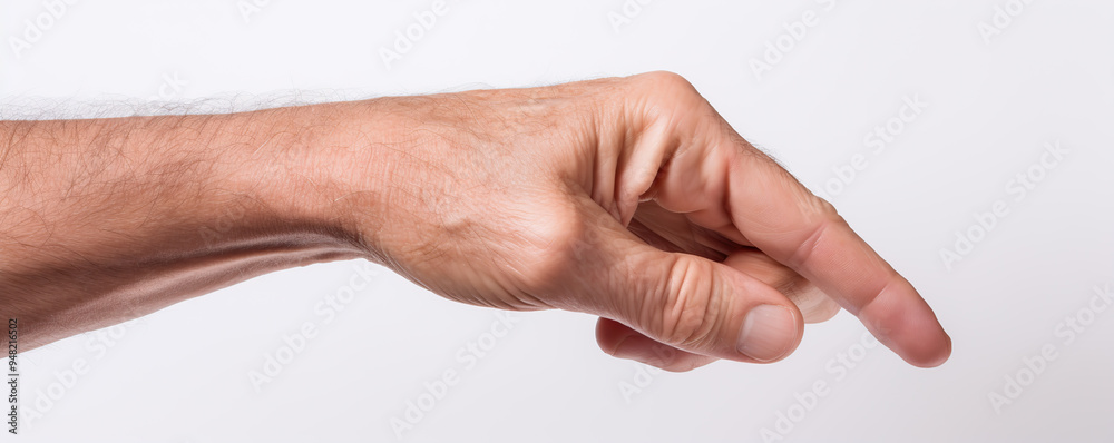 A hand gesturing with an extended finger in a forward direction against a clean white background A hand gesturing with an extended finger in a forward direction against a clean white background