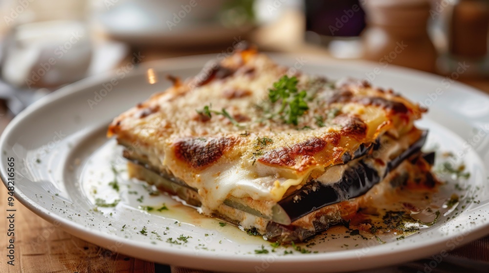 A mouth-watering lasagna served on a white plate, beautifully adorned with a parsley garnish, capturing the richness of the layers of pasta, cheese, and sauce. Perfect for culinary enthusiasts. A mouth-watering lasagna served on a white plate, beautifully adorned with a parsley garnish, capturing the richness of the layers of pasta, cheese, and sauce. Perfect for culinary enthusiasts.