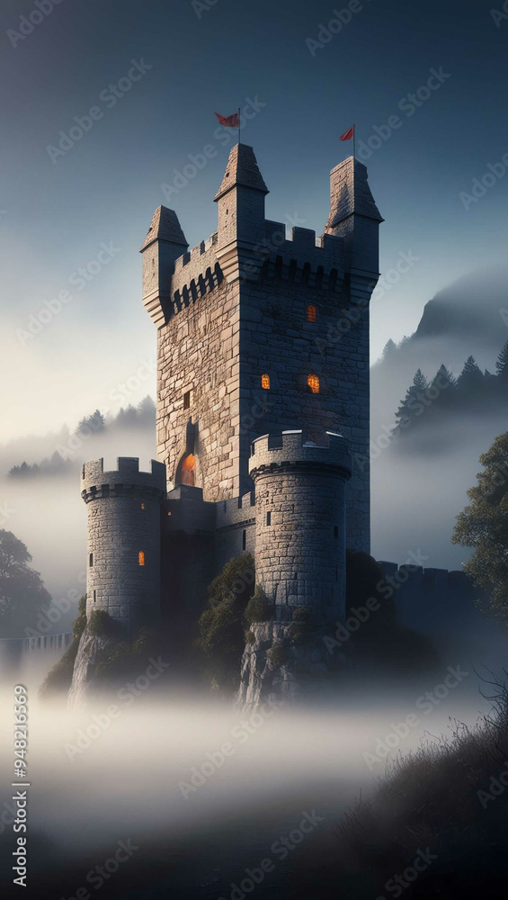 Fototapeta premium ancient stone castle surrounded by misty fog background art design backdrop