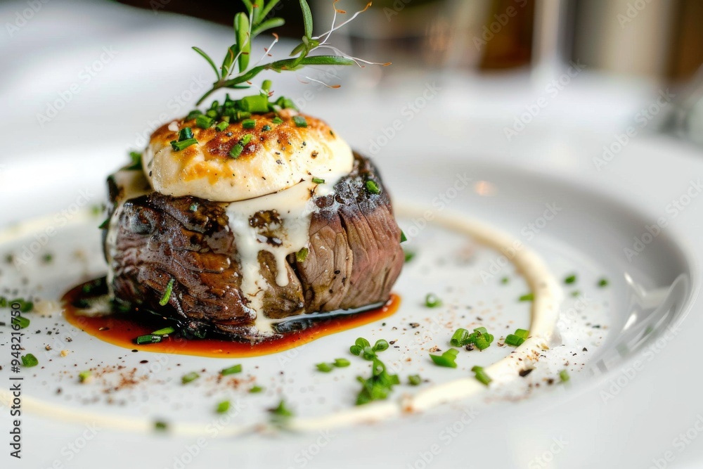 A perfectly cooked gourmet steak topped with a rich, creamy sauce and garnished with fresh herbs. The dish is beautifully plated with artistic presentation and attention to detail. A perfectly cooked gourmet steak topped with a rich, creamy sauce and garnished with fresh herbs. The dish is beautifully plated with artistic presentation and attention to detail.