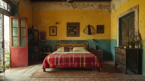 Old Mexican bedroom showcasing classic vintage aesthetics.