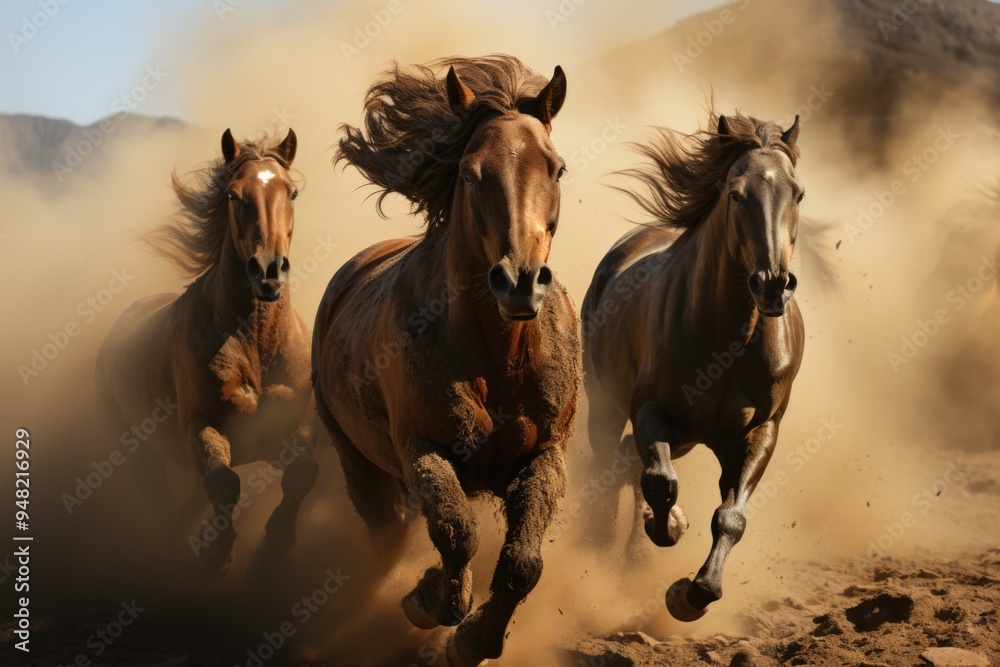 Two wild horses running together in the front view of dust, generative IA