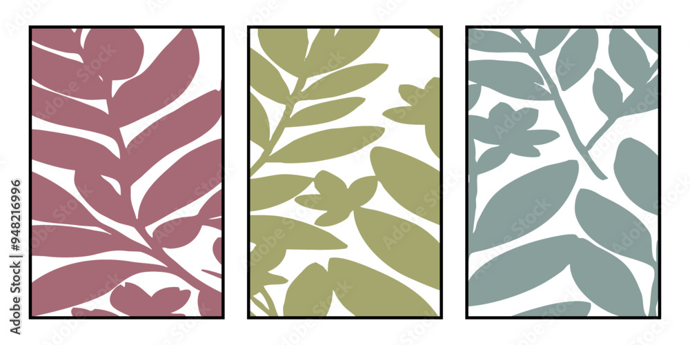 Fototapeta premium Set of 3 botanical illustrations. Minimalist pattern for printing on wall decorations, covers.