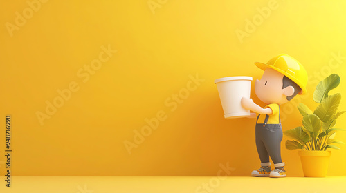 A cheerful cartoon boy holding a plant pot against a bright yellow background, representing gardening and creativity.