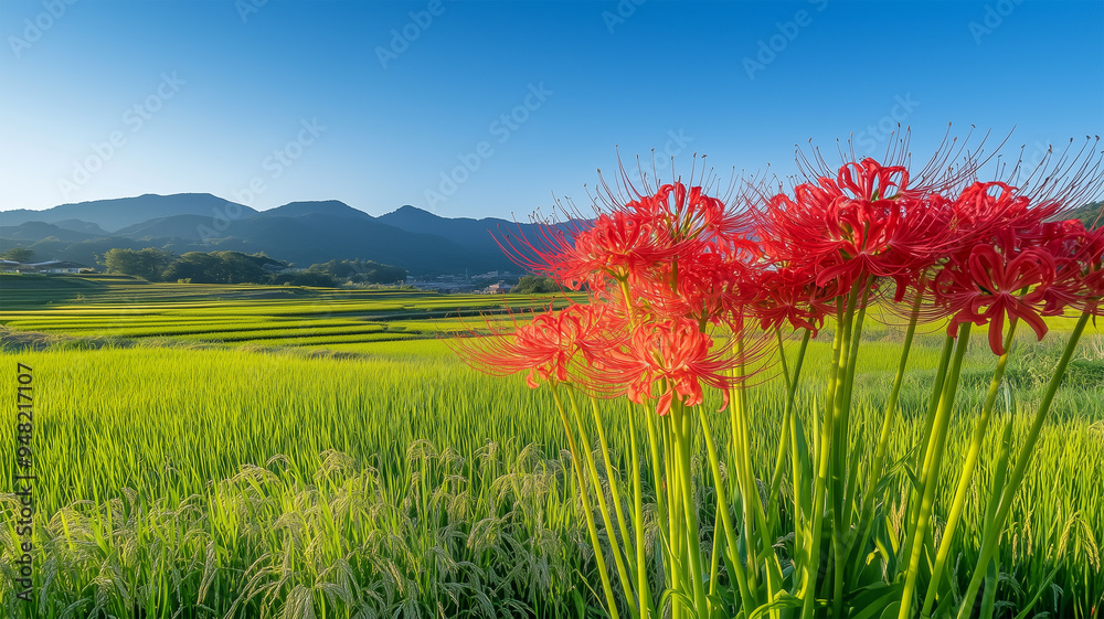稲田を背景にした彼岸花のクローズアップ