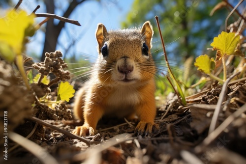 Fox squirrel on the floor covered with grass under the sunlight, generative IA