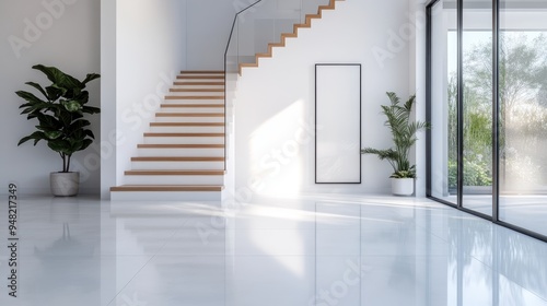 A spacious minimalist foyer showcasing a wooden staircase with glass railings, potted plants, a large rectangular frame, and large windows flooding the space with natural light.