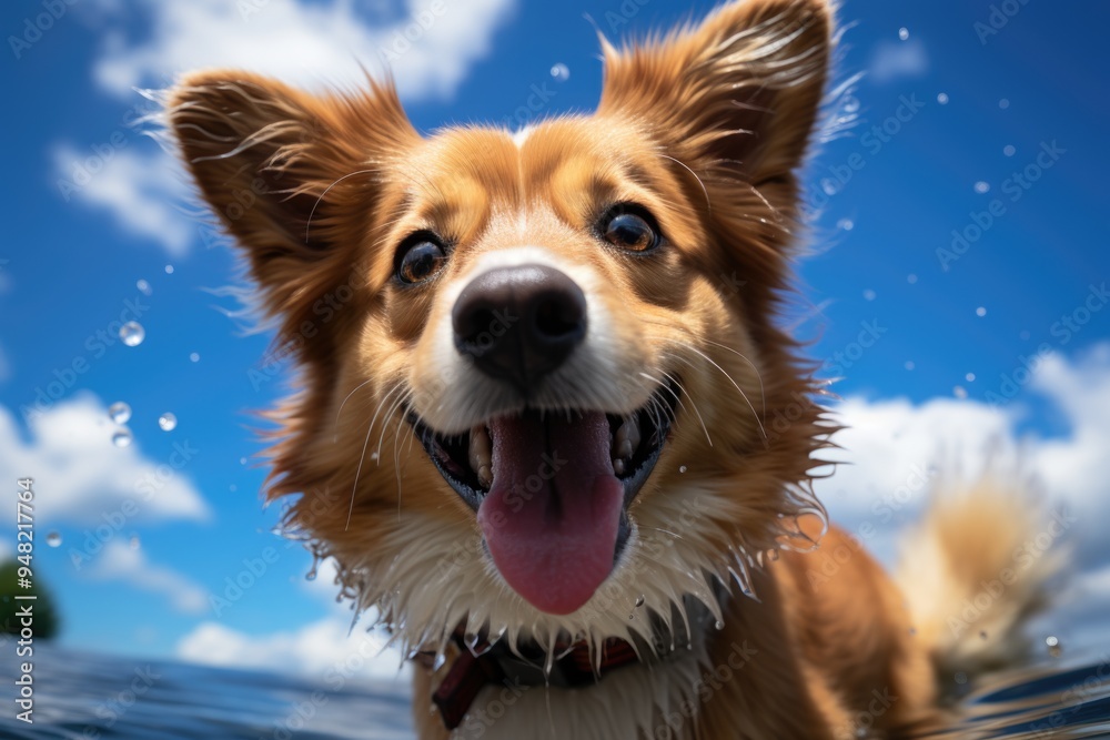 Low angle photo of a cute dog captured under the rainbow in the blue sky, generative IA Low angle photo of a cute dog captured under the rainbow in the blue sky, generative IA
