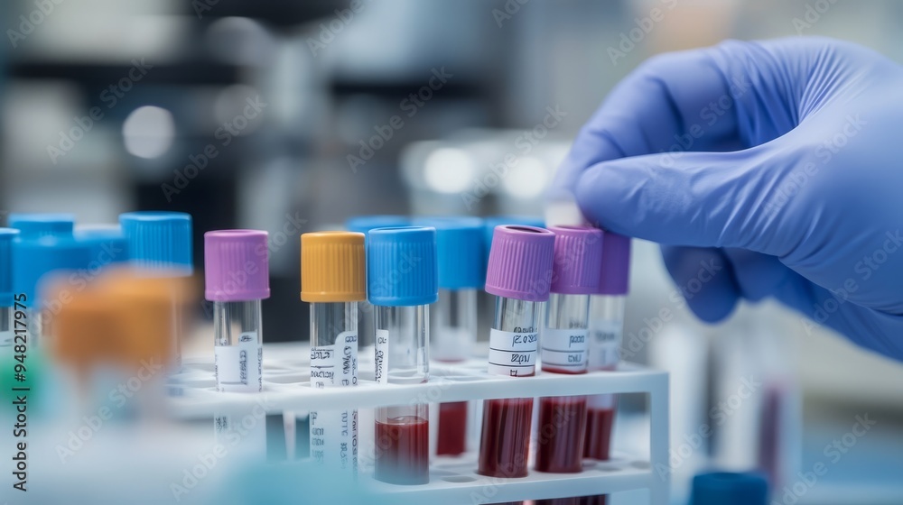 The image shows a hemoglobin typing test, crucial for diagnosing thalassemia through blood analysis. Colorful test tubes are arranged in a professional lab, highlighting precision in medical testing The image shows a hemoglobin typing test, crucial for diagnosing thalassemia through blood analysis. Colorful test tubes are arranged in a professional lab, highlighting precision in medical testing