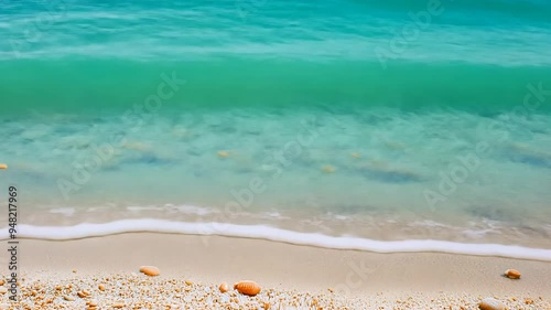 Wallpaper Mural Footage A serene beach scene with gentle waves lapping at the sandy shore under a clear blue sky. Torontodigital.ca