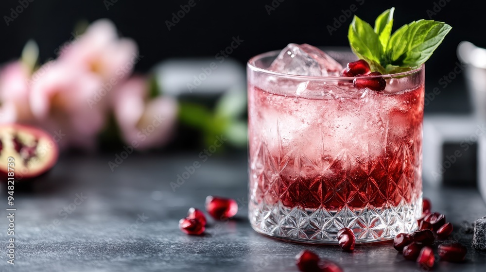 A close-up shot of a pomegranate cocktail in a crystal glass, topped with pomegranate seeds and a mint leaf, exuding a refreshing and luxurious vibe. A close-up shot of a pomegranate cocktail in a crystal glass, topped with pomegranate seeds and a mint leaf, exuding a refreshing and luxurious vibe.