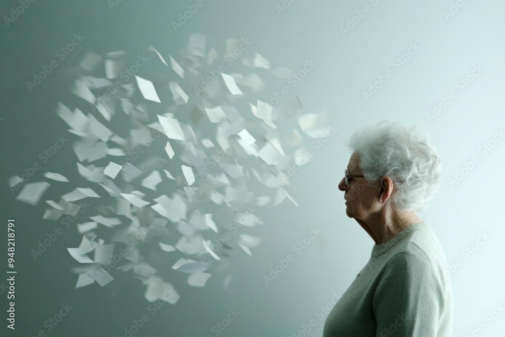 A senior woman stands in a room surrounded by dissolving fragments of memories, symbolizing the fading moments A senior woman stands in a room surrounded by dissolving fragments of memories, symbolizing the fading moments