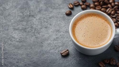 A freshly brewed cup of espresso with perfect crema served in a white mug accompanied by coffee beans on a dark textured surface, emphasizing a rich and strong coffee experience.